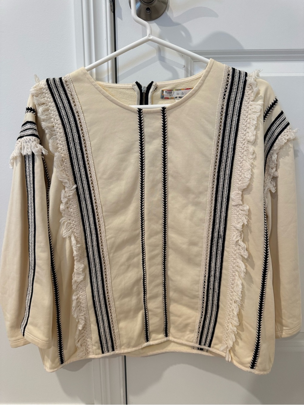 Anthropologie Cream Fringe-Trim Striped Pullover Sweater - SIZE MEDIUM